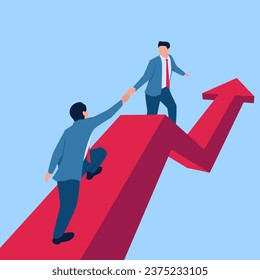 Two people help each other climb a graph that rises to the top, a metaphor for teamwork