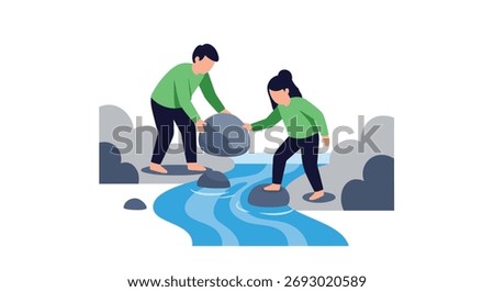 Two people help each other cross a stream by placing stones for stepping stones