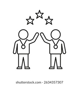 Two People High-Fiving With Medals And Stars Line Icon. Teamwork, Achievement, Success Celebration Outline Symbol. Collaborative Victory And Recognition. Editable Stroke. Isolated Vector Illustration.