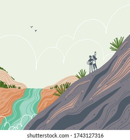 Two people hiking mountain, exploring fantastic landscapes, travel vector illustration