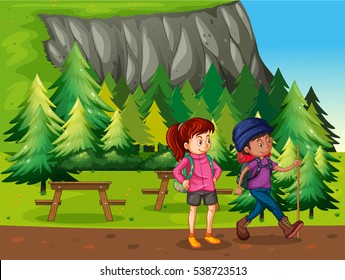Two people hiking in the national park illustration