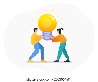 Two people hold big idea bulb. Creativity, brainstorming or teamwork concept. Modern vector illustration