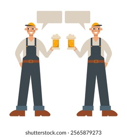 Two People hold, cheers with beer bottles on party. Friends fun, celebrate with alcohol cocktails. Flat isolated vector illustration on white background.