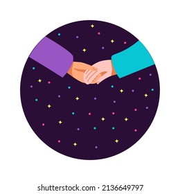 Two people hold hands against the background of a starry sky. Friendship, peace, love, partnership and cooperation. Concept vector flat illustration.