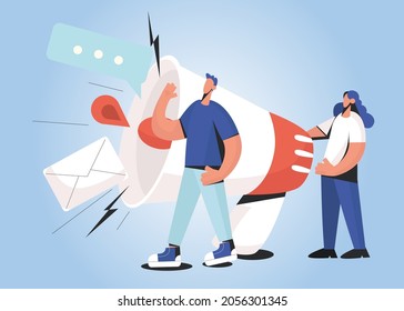 Two people hold huge loudspeaker make sale or discount promotion announcement. Person with megaphone scream shout announce news or deal. Feedback, ad. Flat vector illustration. 