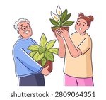 Two people hold leafy plants in pots, one elder and one youth smiling in a clean line style. Symbolizes care, family bond, mentoring, and growth through gardening. Cartoon vector illustration.