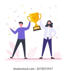 Two people hold a trophy cup, Symbol of victory, Winner concept, Triumph reward, Business goal concept flat vector illustration.