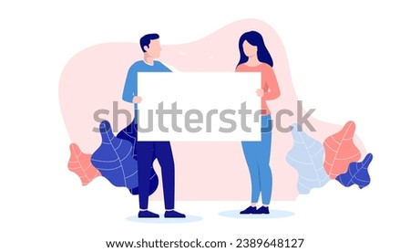 Two people holding blank poster - Man and woman with white empty paper in hands to insert message or text. Flat design front view vector illustration with white background