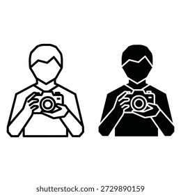 Two people holding cameras one in white and one in black white figure black figure line silhouette