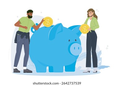 Two people holding coins and adding them to a large blue piggy bank, cartoon style on a white background. Concept of saving money and financial planning. Vector illustration