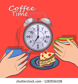 Two people are holding cups of hot coffee and sitting at a table next to the clock. Top inscription - coffee time. Vector illustration