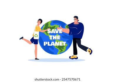 Two people holding a globe with the message Save the Planet displayed prominently. Bright colors create a positive environmental message. Vector illustration