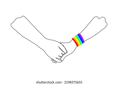 two people holding hands with bracelets LGBT+ flag symbol - one line drawing vector. concept homosexual couple hands closeup