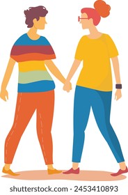 Two people holding hands, one is wearing a yellow shirt, hand made not AI.