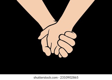 Dos personas están tomándose de la mano fuertemente sobre un fondo negro. Concepto de amor, amistad, cercanía y fuerte conexión entre las personas