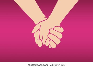 Two people are holding hands tightly on a violet background. Concept of love, friendship, closeness and strong connection between people