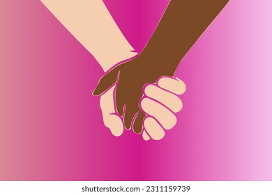 Two people are holding hands tightly on a pastel pink background. Concept of love, friendship, closeness and strong connection between people