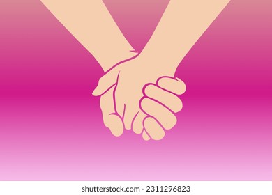 Two people are holding hands tightly on a pastel pink background. Concept of love, friendship, closeness and strong connection between people