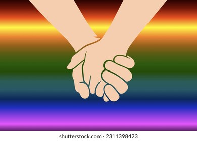 Two people are holding hands tightly on a rainbow background. Concept of love, friendship, closeness and strong connection between people