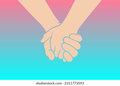 Two people are holding hands tightly on a pastel pink and blue background. Concept of love, friendship, closeness and strong connection between people