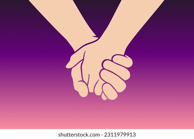 Two people are holding hands tightly on a pastel purple background. Concept of love, friendship, closeness and strong connection between people