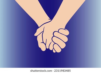 Two people are holding hands tightly on a pastel purple background. Concept of love, friendship, closeness and strong connection between people