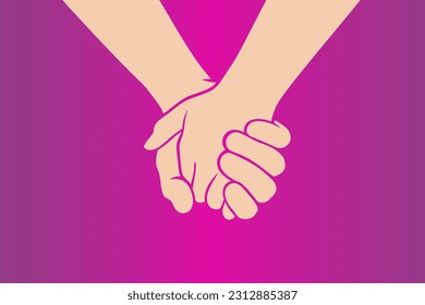 Two people are holding hands tightly on a vibrant purple background. Concept of love, friendship, closeness and strong connection between people