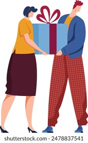 Dos personas sosteniendo Grande caja de regalo ahora. Mujer hombre presentando sorpresa, ocasión festiva. Vector de diseño plano, colores vibrantes fondo blanco aislado