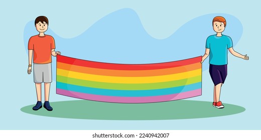 two people holding lgtbi flag, vector illustration, flat colors	