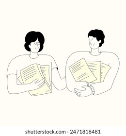 Two people are holding office documents flat art style.