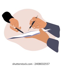 Two people are holding pens and signing a document. Agreement concept, notarization, signing or terminating the contract, signing documents, surveys, filling out questionnaires.