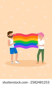 Two people holding rainbow flag, celebrating love, diversity, and lgbtq+ rights during pride month