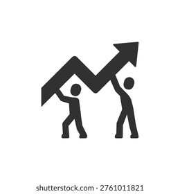 Two people holding rising arrow chart icon. Business growth and financial progress concept. Monochrome black and white symbol
