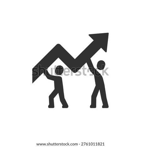 Two people holding rising arrow chart icon. Business growth and financial progress concept. Monochrome black and white symbol