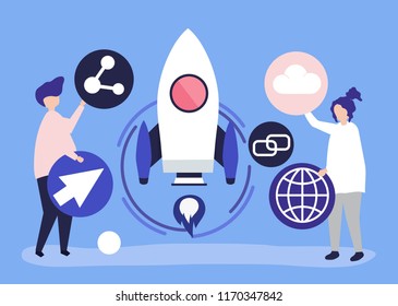 Two people holding startup technology icons illustration