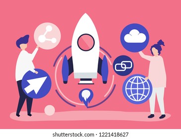 Two people holding startup technology icons illustration