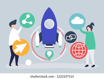 Two people holding startup technology icons illustration