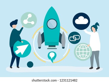 Two people holding startup technology icons illustration