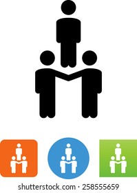 Two people holding up a third person symbol