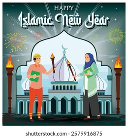 Two people holding torches stand in front of a mosque backdrop, celebrating Islamic New Year with marked enthusiasm and cultural symbolism. Flat vector modern illustration 