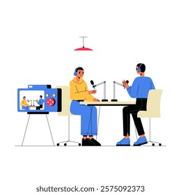 Two People Hosting Academic Podcast In Flat Vector Illustration Symbolizing Education, Communication, And Media, Isolated On White Background.