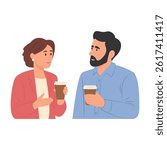 Two people with hot drinks talking during a coffee break. Vector Illustration isolated