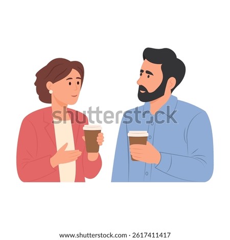 Two people with hot drinks talking during a coffee break. Vector Illustration isolated