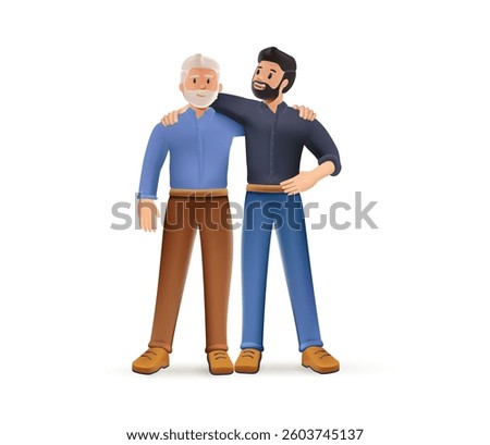 Two people hugging 3D illustration. Bonding mature grandpa young grandson bump fists with smile trust support one another. Son fun hugging old senior father vector illustration concept. Happy younger