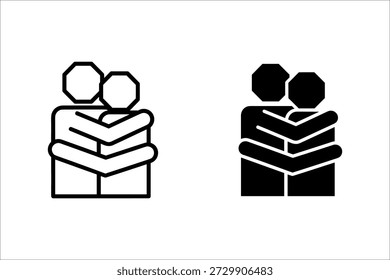 Duas pessoas abraçadas com formas geométricas representando suas cabeças em figuras humanas em preto e branco
