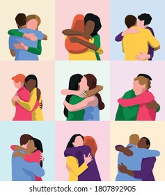 Two people hugging. Multiethnic couples having a hug. Support and unity, social diversity, health benefits concept. Vector flat illustration.