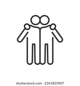 Two people hugging shoulders, linear icon, friendship. Line with editable stroke