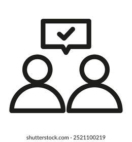 Two people icon. Check mark in bubble. Simple vector design. Black outline style.