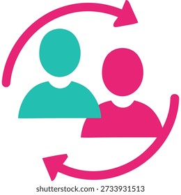 Two people icons with circular arrows indicating exchange or interaction between them.