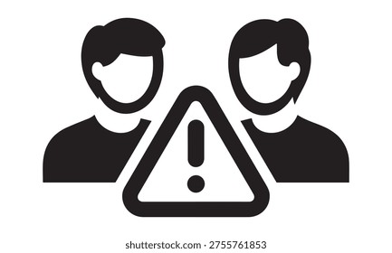 Two people icons with a warning triangle sign in between, representing conflict, disagreement, or a problematic interaction between individuals